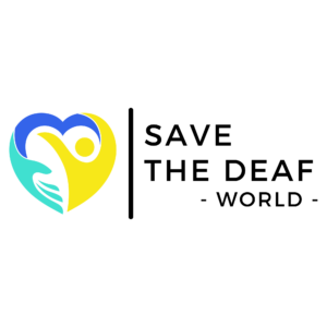 Herzlogo mit Schriftzug „SAVE THE DEAF – WORLD“ rechts daneben, auf transparentem Hintergrund.