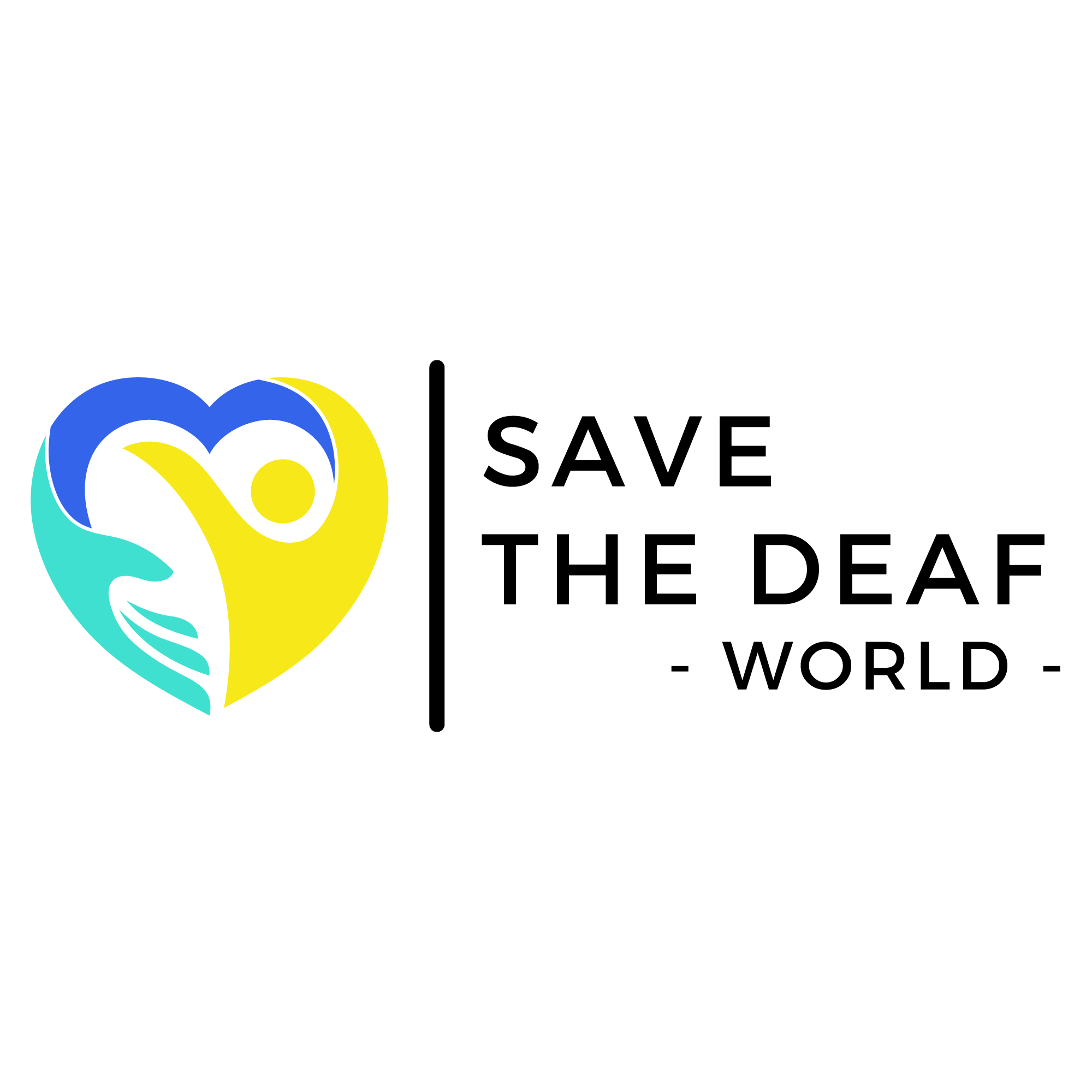 Herzlogo mit Schriftzug „SAVE THE DEAF – WORLD“ rechts daneben, auf transparentem Hintergrund.