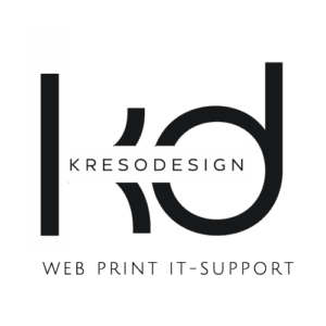 Schwarzes Logo mit kd-Monogramm, Text: „KRESODESIGN – Web Print IT Support“.