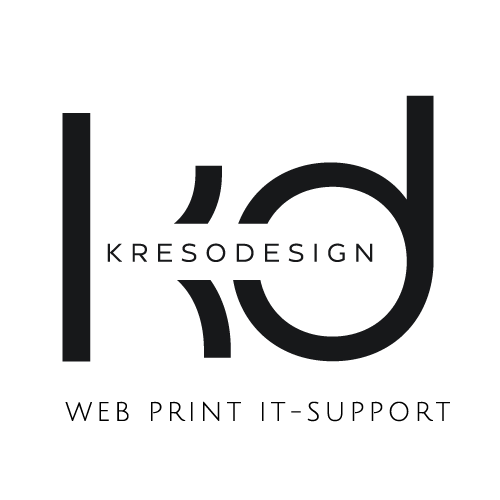 Schwarzes Logo mit kd-Monogramm, Text: „KRESODESIGN – Web Print IT Support“.